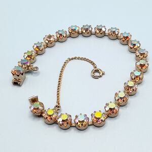 Vintage Aurora Borealis Rhinestone Bracelet, 7 inch, Safety Chain